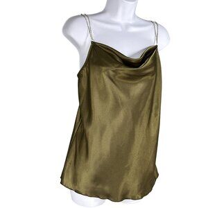 Nicole Miller NWT Women S Olive Green Satin Cowl Neck Camisole Rhinestone Straps